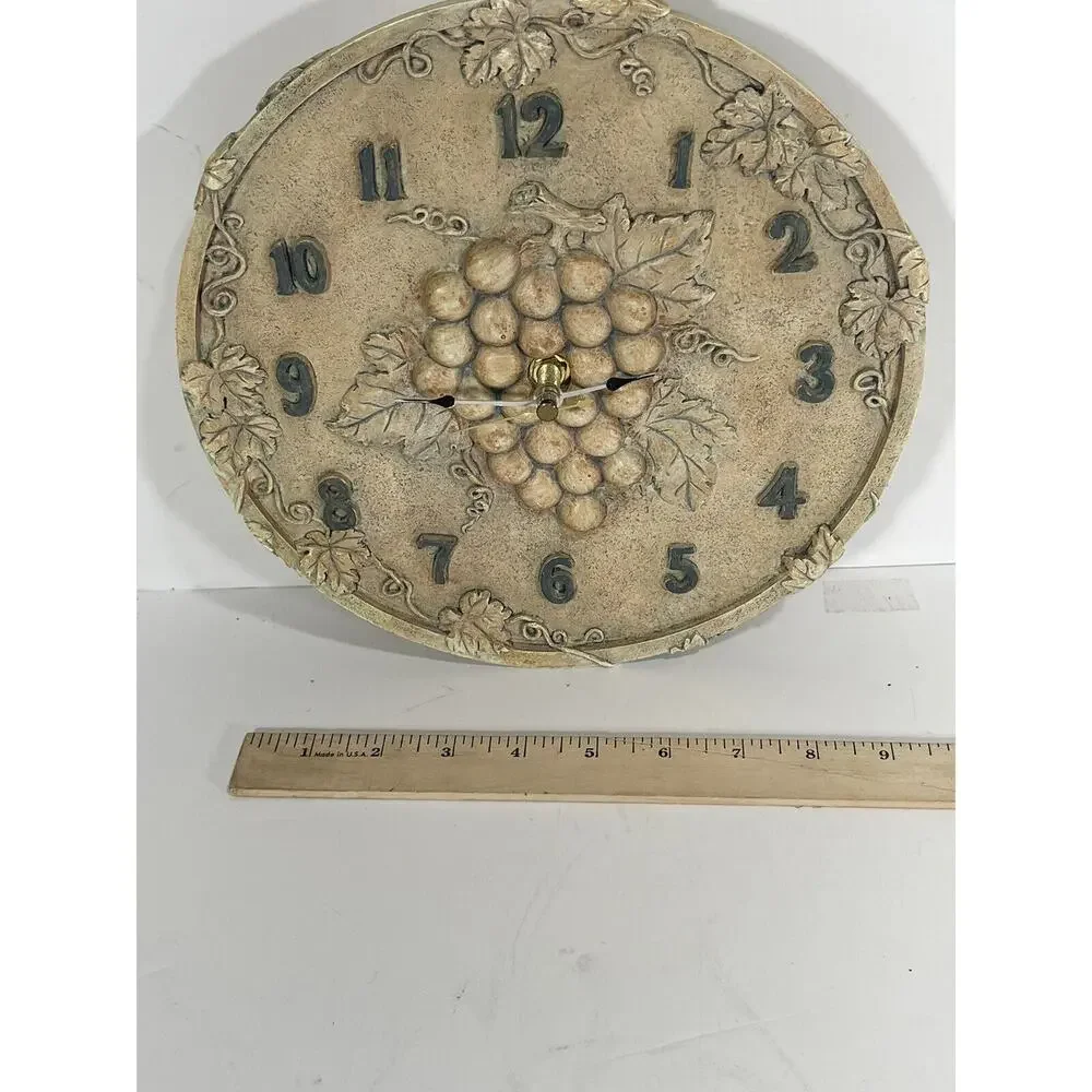 Vintage Ceramic Wall Clock Grapes Motif Gorgeous Round Fruits‎ Rustic Stone Like